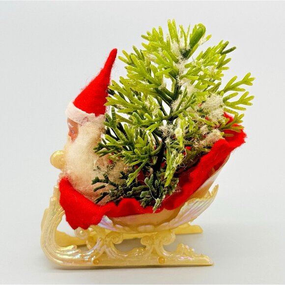 Vintage Christmas Ornament Plastic Face Santa in Sleigh Felt Bird Feeder Seeds - Picture 5 of 10